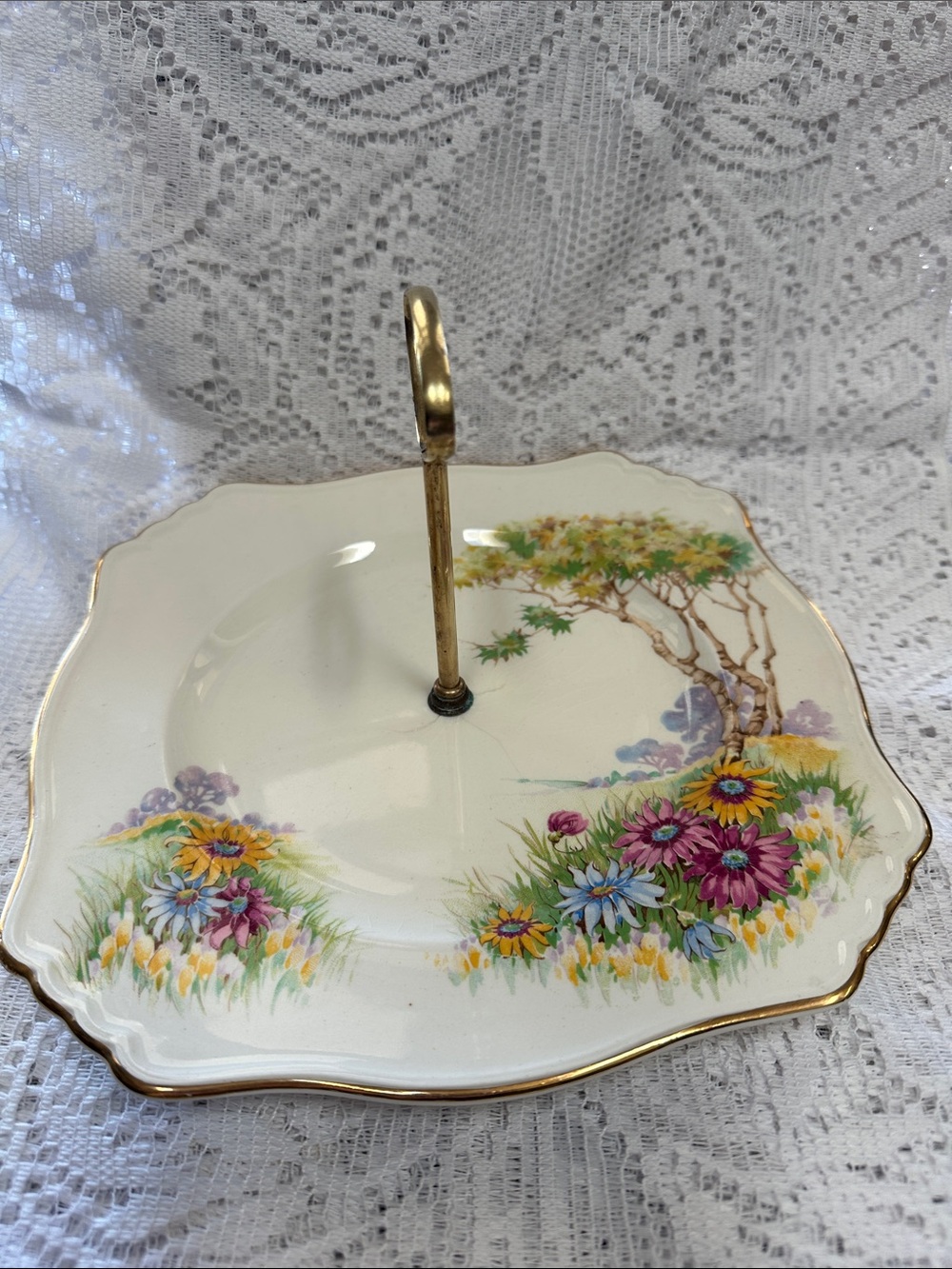 Cream Floral Server with Gold Handle
